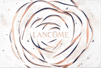 Lancôme La Vie Est Belle zestaw: perfumy, tusz, serum. Logo w grafice róży z różowo-złotych i ciemnych linii.