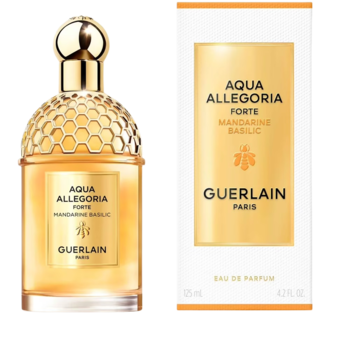 Guerlain Aqua Allegoria Forte Mandarine Basilic, złota butelka perfum z korkiem obok pudełka, widok z przodu.