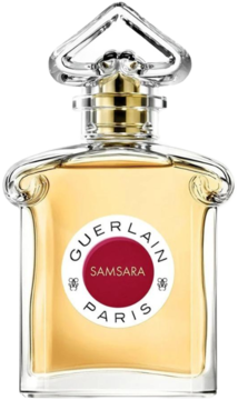 Guerlain Samsara orientalno-drzewna EDT, butelka z bursztynowym płynem i białą etykietą z napisem Samsara, widok z przodu.
