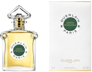 Guerlain Jardins de Bagatelle EDP w eleganckiej butelce i białym pudełku z zielonym logo, widok z przodu.