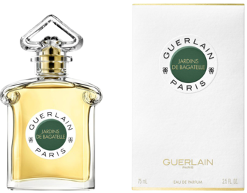 Guerlain Jardins de Bagatelle EDP w eleganckiej butelce i białym pudełku z zielonym logo, widok z przodu.