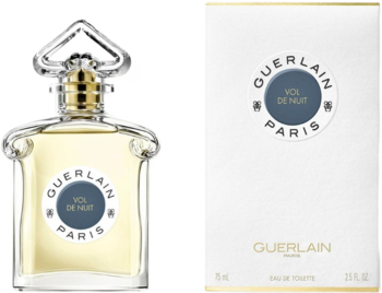 Guerlain Vol De Nuit woda toaletowa, elegancki flakon i białe opakowanie z niebieskim logo, widok z przodu.