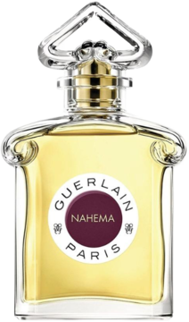 Woda perfumowana Guerlain Nahema w szklanej, złotej butelce z rzeźbionym korkiem, widok z przodu.