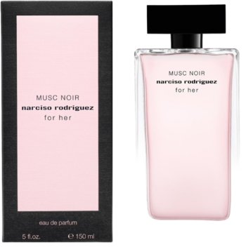 Woda perfumowana Narciso Rodriguez Musc Noir For Her: różowa, przezroczysta butelka i czarne pudełko z napisem.