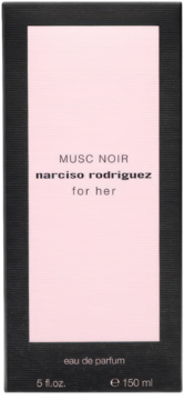 Czarne pudełko Narciso Rodriguez Musc Noir For Her EDP 150ml, z różowym panelem i napisem.