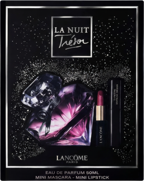 Zestaw Lancôme La Nuit Trésor: diamentowy flakon wody perfumowanej, czerwona pomadka, tusz na czarnym, brokatowym tle.