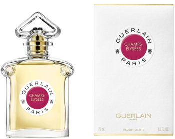Guerlain Champs-Elysées woda toaletowa, szklana butelka perfum i białe pudełko z logo. Widok z przodu.