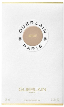 Białe pudełko perfum Guerlain Idylle Eau de Parfum, widok z przodu, złote napisy, okrągłe logo.