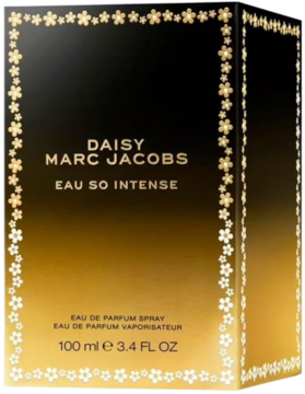 Pudełko perfum Daisy Marc Jacobs Eau So Intense, czarno-złoty gradient, ze złoconymi stokrotkami, widok z przodu.