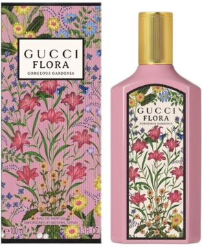 Woda perfumowana Gucci Flora Gorgeous Gardenia EDP w różowym flakonie i pudełku z kwiecistym wzorem, widok z przodu.