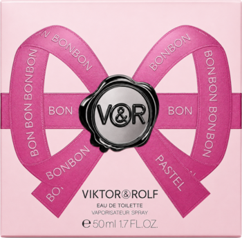 Różowe pudełko perfum Viktor & Rolf Bonbon EDT 50ml, z różową kokardą i srebrnym logo V&R.