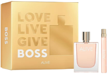 Zestaw Hugo Boss Alive: złote pudełko z napisem "LOVE LIVE GIVE BOSS", flakon 80ml i miniatura 10ml.