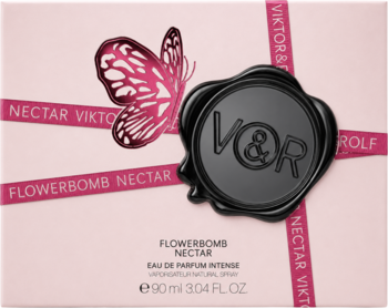 Front view of Viktor & Rolf Flowerbomb Nectar Eau de Parfum Intense 90ml pink box with butterfly, V&R seal.