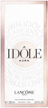 Pudełko perfum Lancôme Idôle Aura Eau de Parfum Lumineuse, białe z różowo-złotą ramką, widok z przodu, 100 ml.
