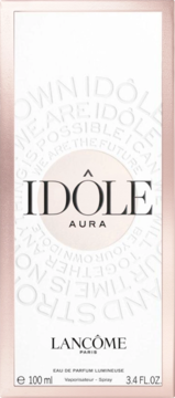 Białe pudełko perfum Lancôme Idôle Aura EDP 100 ml, z różowozłotą ramką i tłoczonymi napisami, widok z przodu.