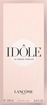 Różowe pudełko perfum Lancome Idôle Le Grand Parfum 100 ml, front z białym kołem i napisem.