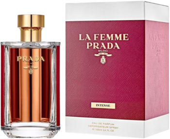 Perfumy Prada La Femme Intense: elegancka butelka ze złotym korkiem obok czerwono-białego pudełka, widok z przodu.