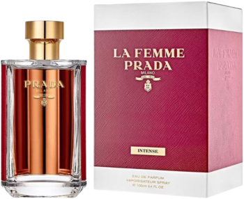 Perfumy Prada La Femme Intense: elegancka butelka ze złotym korkiem obok czerwono-białego pudełka, widok z przodu.