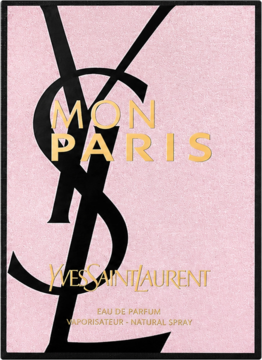 Mon Paris Eau de Parfum YSL, różowe opakowanie z czarnym, dużym logo YSL i złotym napisem Mon Paris. Widok z przodu.