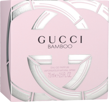 Różowe opakowanie perfum Gucci Bamboo 75 ml z dużym, srebrnym logo GG o teksturze bambusa, widok z przodu.