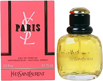 Yves Saint Laurent Paris Eau de Parfum 75ml: różowe opakowanie i szklana butelka z żółtym płynem, widok z przodu.