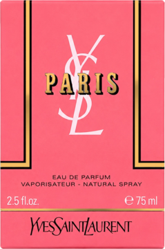 YSL Paris Eau de Parfum 75ml w różowym pudełku ze złotymi brzegami, napisem PARIS i logo YSL, widok z przodu.