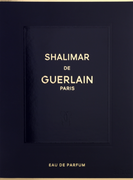 Perfumy Shalimar de Guerlain Eau de Parfum; granatowe pudełko ze złotymi detalami i nazwą, widok frontalny.