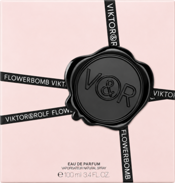 Różowe opakowanie perfum Viktor & Rolf Flowerbomb, z czarnymi wstążkami i pieczęcią V&R, widok z przodu.