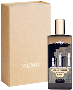Woda perfumowana Sicilian Leather Memo Paris, ciemna butelka z etykietą góry i kolumn, obok beżowe pudełko.