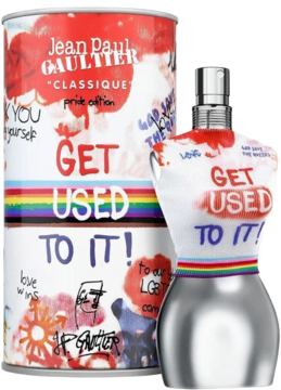 Jean Paul Gaultier Classique Pride Edition: flakon torsu i pudełko z napisem "GET USED TO IT!" i grafiką graffiti.