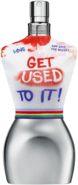 Jean Paul Gaultier Classique Pride Edition, flakon w kształcie torsu. Biała koszulka z napisem GET USED TO IT! i tęczowy pas.