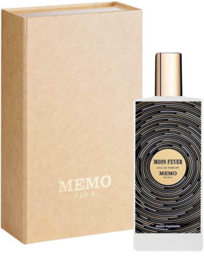 Moon Fever woda perfumowana, biała butelka z czarno-złotym wzorem obok beżowego pudełka.