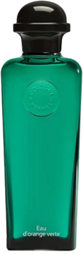 Eau d'Orange Verte Hermes, odświeżający zapach w szmaragdowej butelce z czarną nakrętką, widok z przodu.