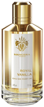 Mancera Royal Vanilla Eau de Parfum 120 ml, złocista butelka z białą etykietą i złotą nakrętką, widok z przodu.