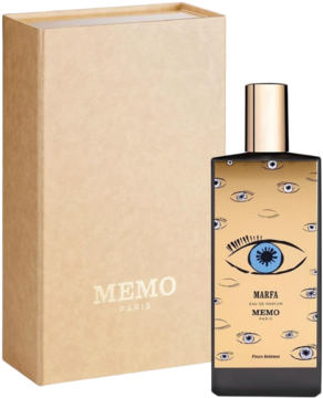 Memo Paris Marfa woda perfumowana: ozdobna butelka z oczami obok beżowego pudełka, widok z przodu.