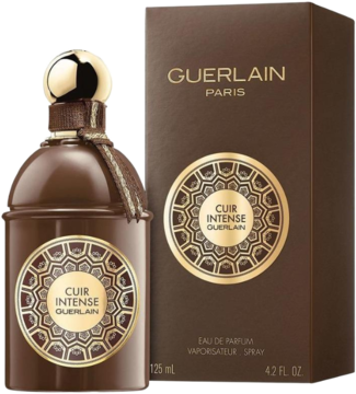 Ciemnobrązowa butelka wody perfumowanej Guerlain Cuir Intense obok pasującego pudełka ze złotymi wzorami.