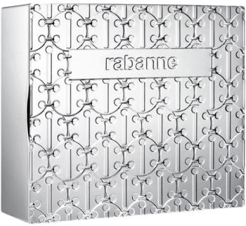 Srebrne, tłoczone pudełko perfum Paco Rabanne Phantom z futurystycznym wzorem i napisem "rabanne".