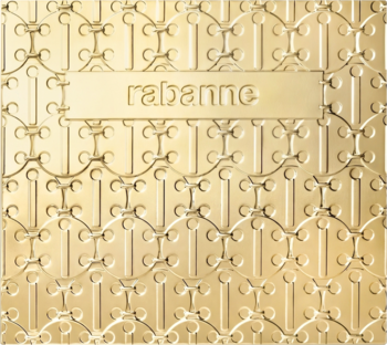 Front złotej sztabki Paco Rabanne 1 Million, opakowanie perfum z rzeźbionym, geometrycznym wzorem i napisem 'rabanne'.