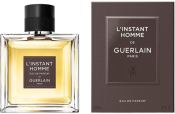 L'Instant Homme de Guerlain Eau de Parfum: prostokątna szklana butelka z bursztynowym płynem i ciemnobrązowe pudełko.
