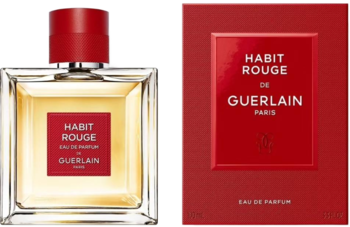 Guerlain Habit Rouge Eau de Parfum, butelka i czerwone pudełko obok siebie. Klasyczny męski zapach.