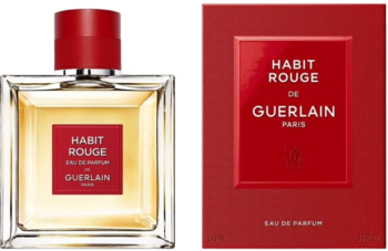 Guerlain Habit Rouge Eau de Parfum, butelka i czerwone pudełko obok siebie. Klasyczny męski zapach.
