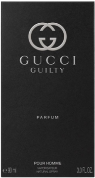 Czarne opakowanie perfum Gucci Guilty Pour Homme Parfum, z srebrnym logo i napisami, widok z przodu.