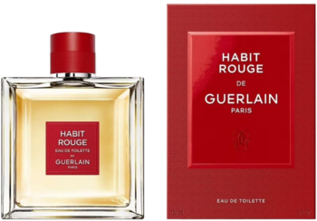 Guerlain Habit Rouge EDT: szklana butelka z bursztynowym płynem i czerwona etykieta, obok czerwone pudełko, widok z przodu.
