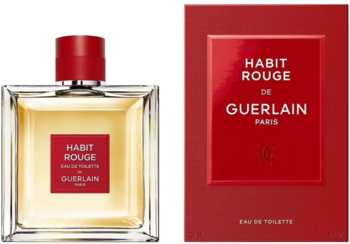 Guerlain Habit Rouge EDT: szklana butelka z bursztynowym płynem i czerwona etykieta, obok czerwone pudełko, widok z przodu.