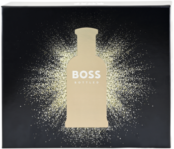 Hugo Boss Bottled zestaw, czarne pudełko ze srebrnymi detalami, złota butelka z iskrzącym brokatem, front.