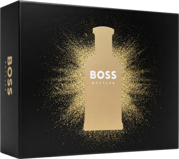 Czarny zestaw Hugo Boss Boss Bottled z sylwetką złotej butelki perfum i brokatem na froncie.