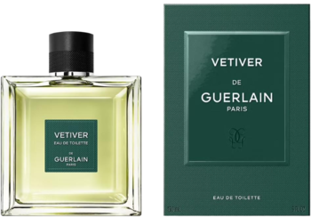 Guerlain Vetiver woda toaletowa, prostokątna butelka z zielonkawym płynem i ciemnozielone pudełko obok siebie.