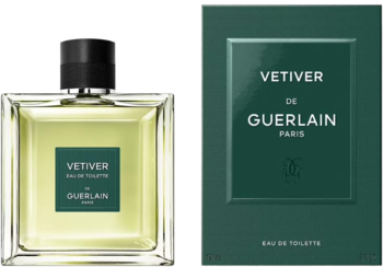 Guerlain Vetiver woda toaletowa, prostokątna butelka z zielonkawym płynem i ciemnozielone pudełko obok siebie.