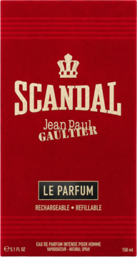 Czerwone pudełko perfum Jean Paul Gaultier Scandal Pour Homme Le Parfum Rechargeable. Złote napisy, widok z przodu.