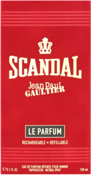 Scandal Jean Paul Gaultier Le Parfum, męska woda perfumowana w czerwonym pudełku z złotym tekstem i logo korony, widok z przodu.
